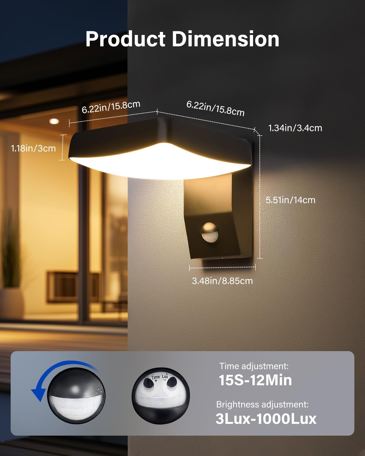 Outdoor wall light with dimensions and features displayed