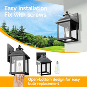 Outdoor wall lights with installation instructions and scenic background