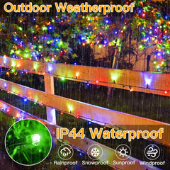 Outdoor weatherproof string lights with rain, snow, sun, and wind symbols on a balcony.