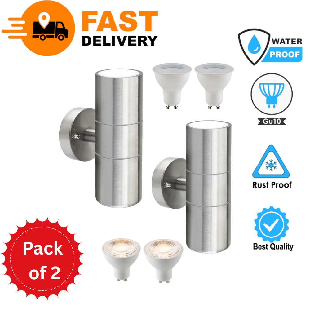 Modern Outdoor Up Down Wall Light – Stainless Steel, IP65 Waterproof, Mains Powered Exterior Sconce for Porch, Patio, or Garage