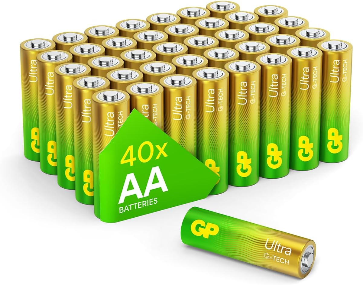 Pack of GP Ultra AA batteries with a green triangle label indicating '40x AA Batteries'.