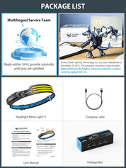 Package list with headlight, charging cable, user manual, and packaging box on a white background.