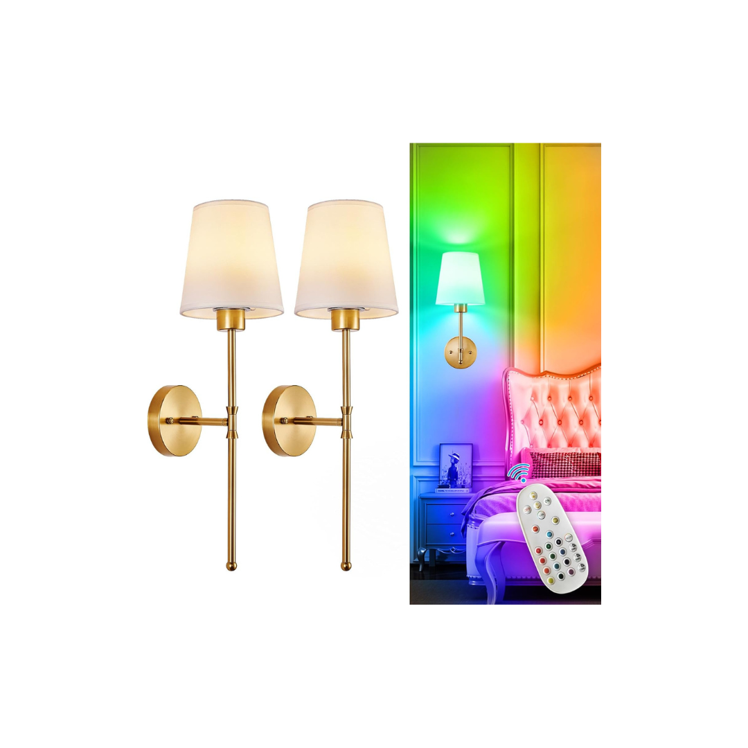 Pair of gold wall sconces with white lampshades and a remote control on a white background.