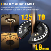 Patio umbrella light fixture with compatibility details on a dark background