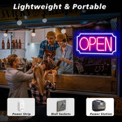 People at a bar with a neon 'Open' sign, featuring power strip, wall sockets, and power station icons.