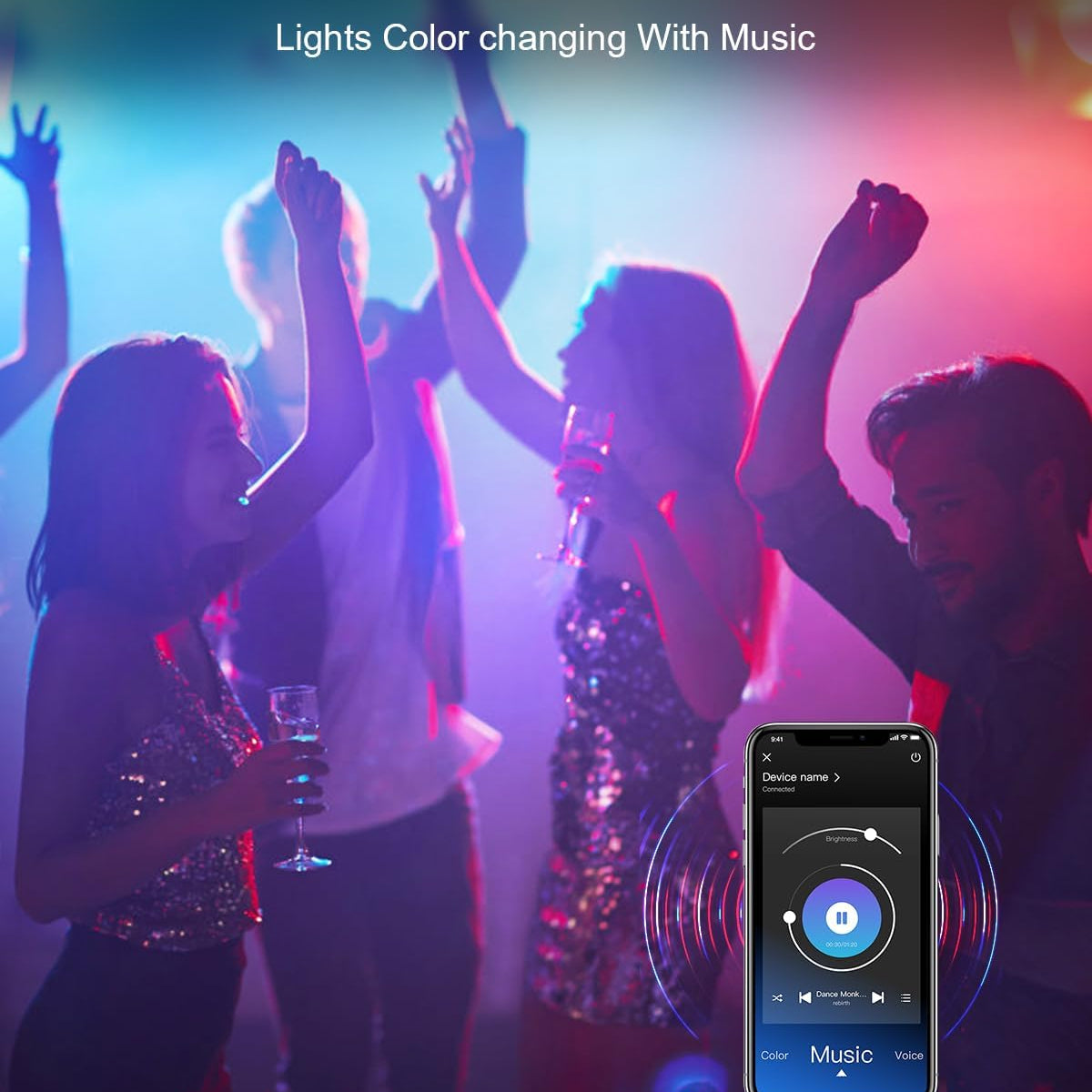 People dancing with colorful lights and a smartphone app interface on a dark background