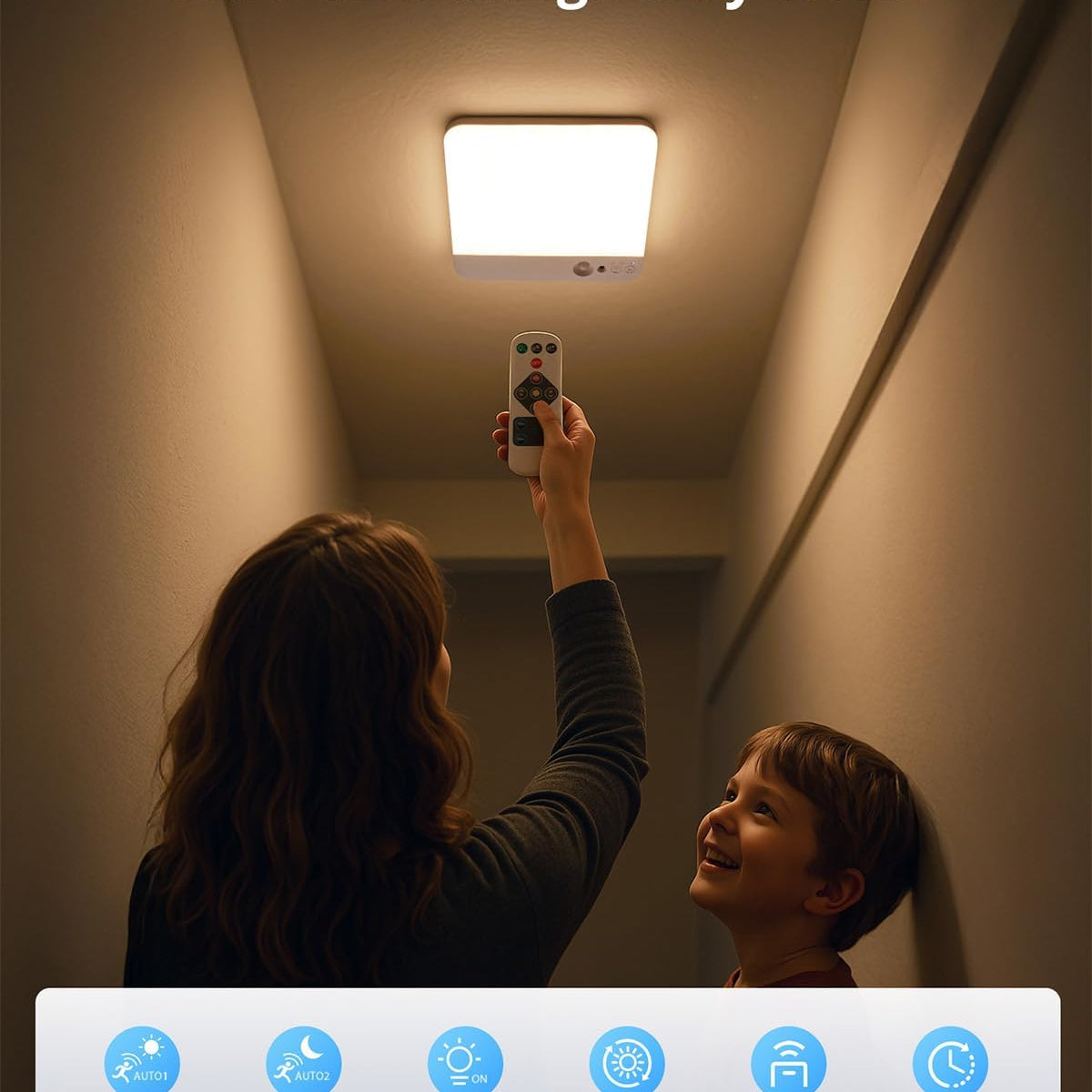 Person adjusting a ceiling light fixture with remote control, text indicating ultra-slim design.