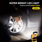 Person changing a tire with a super bright LED light illuminating the area, highlighting its brightness and runtime.