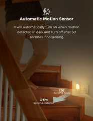 Person climbing stairs with text about an automatic motion sensor