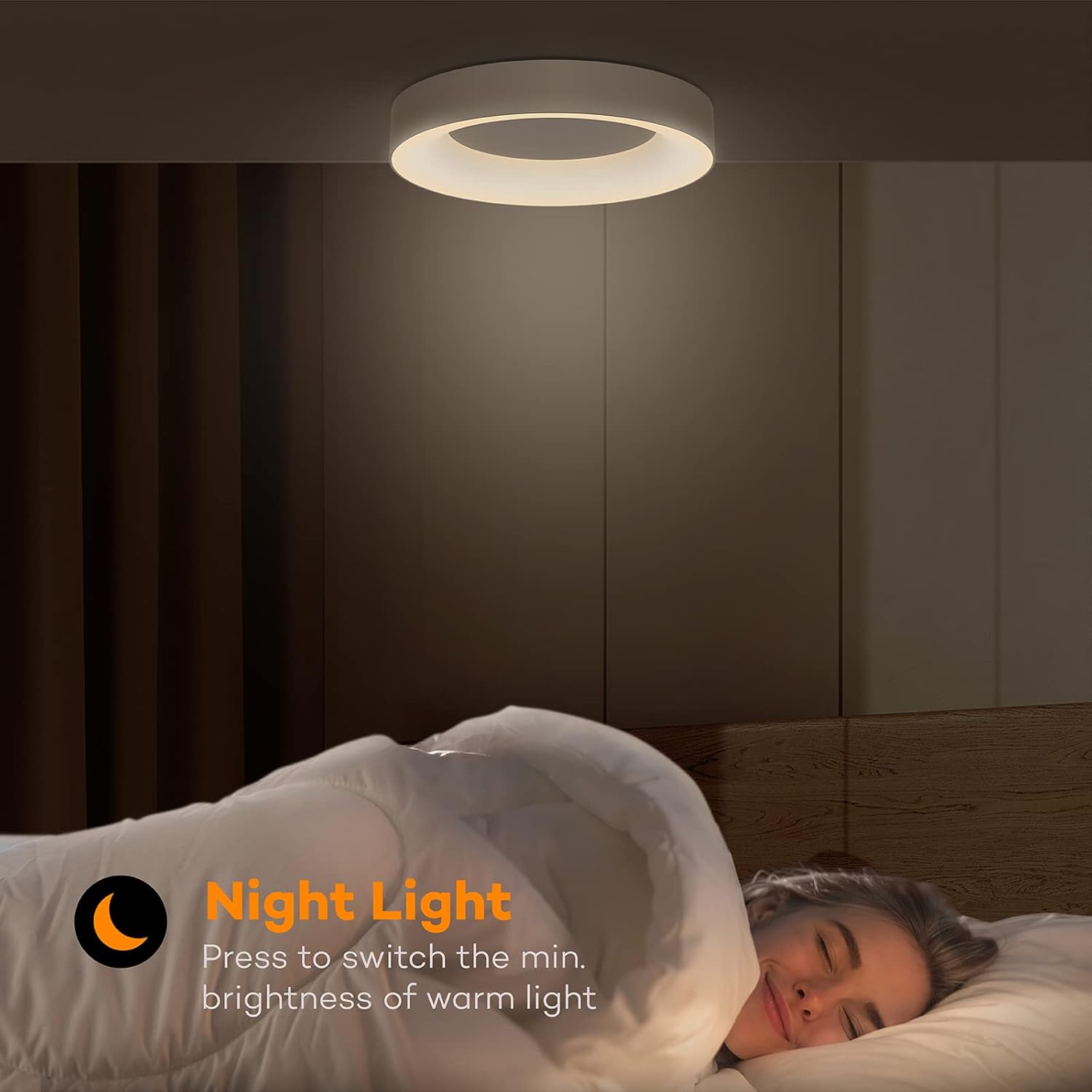 Person lying in bed with a night light above, text indicating it can be switched on and off.