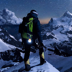 Person on a snowy mountain at night with a headlamp