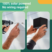 Person using a drill and installing a solar panel on a wall with text '100% solar powered, No wiring required'.