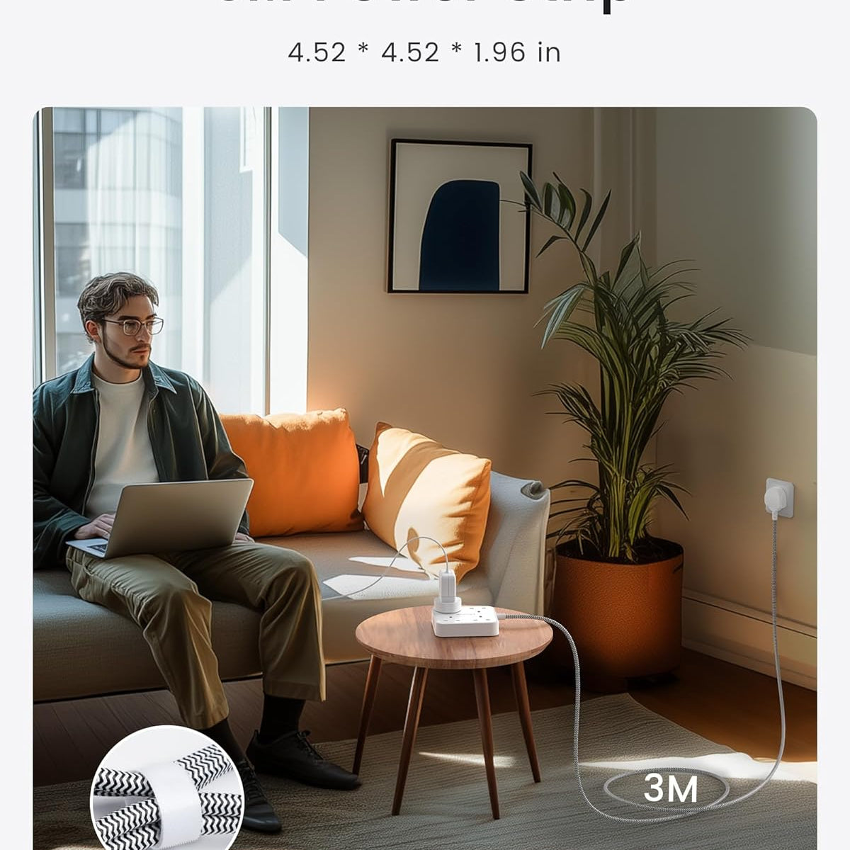 Person using a laptop on a couch with a 3M power strip in the foreground