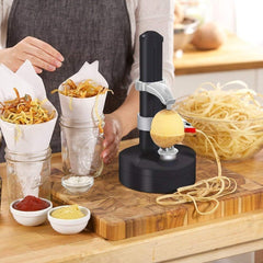 Person using a potato peeler on a wooden cutting board with food items and sauces.