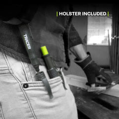 Person wearing a black jacket with a green tool in a holster, indoors.