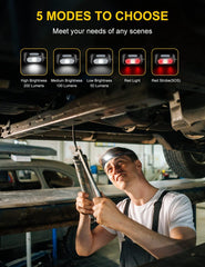 Person working on a car with a flashlight, showing different light modes.