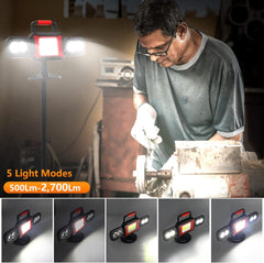 Person working on machinery with a portable work light showing different light modes.