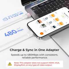 Pink Adapter charging and syncing a smartphone with laptop, highlighting speed and features.