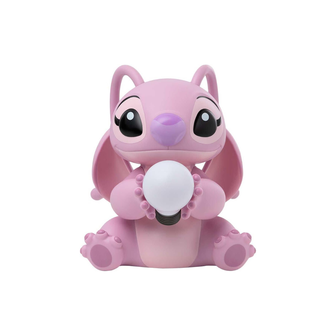 Pink cartoon-like creature holding a light bulb on a white background