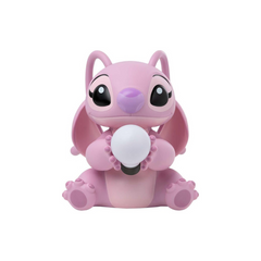 Pink cartoon-like creature holding a light bulb on a white background