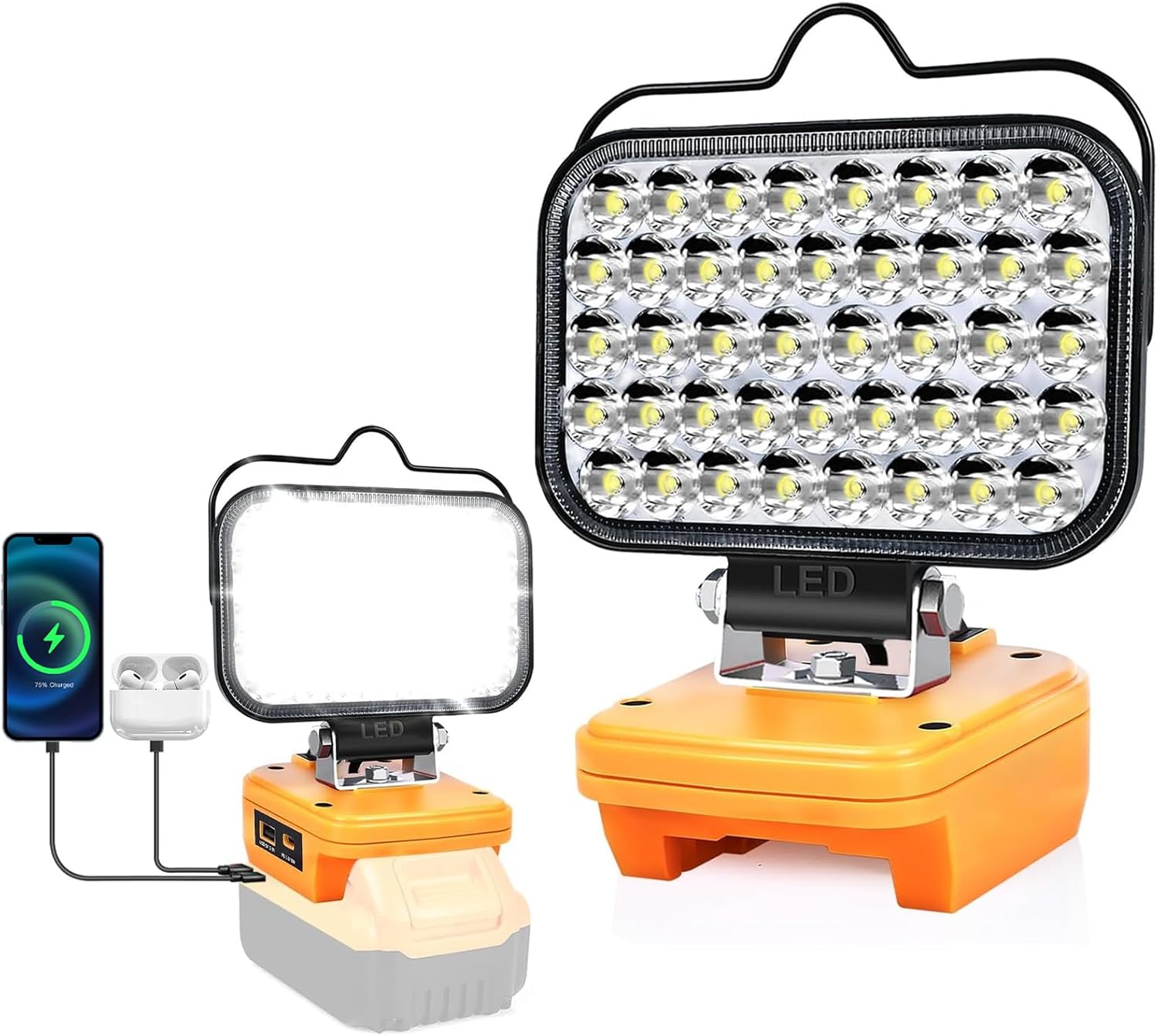 Portable LED work light with charging cable on a white background