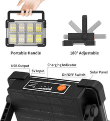 Portable LED work light with features labeled on a white background