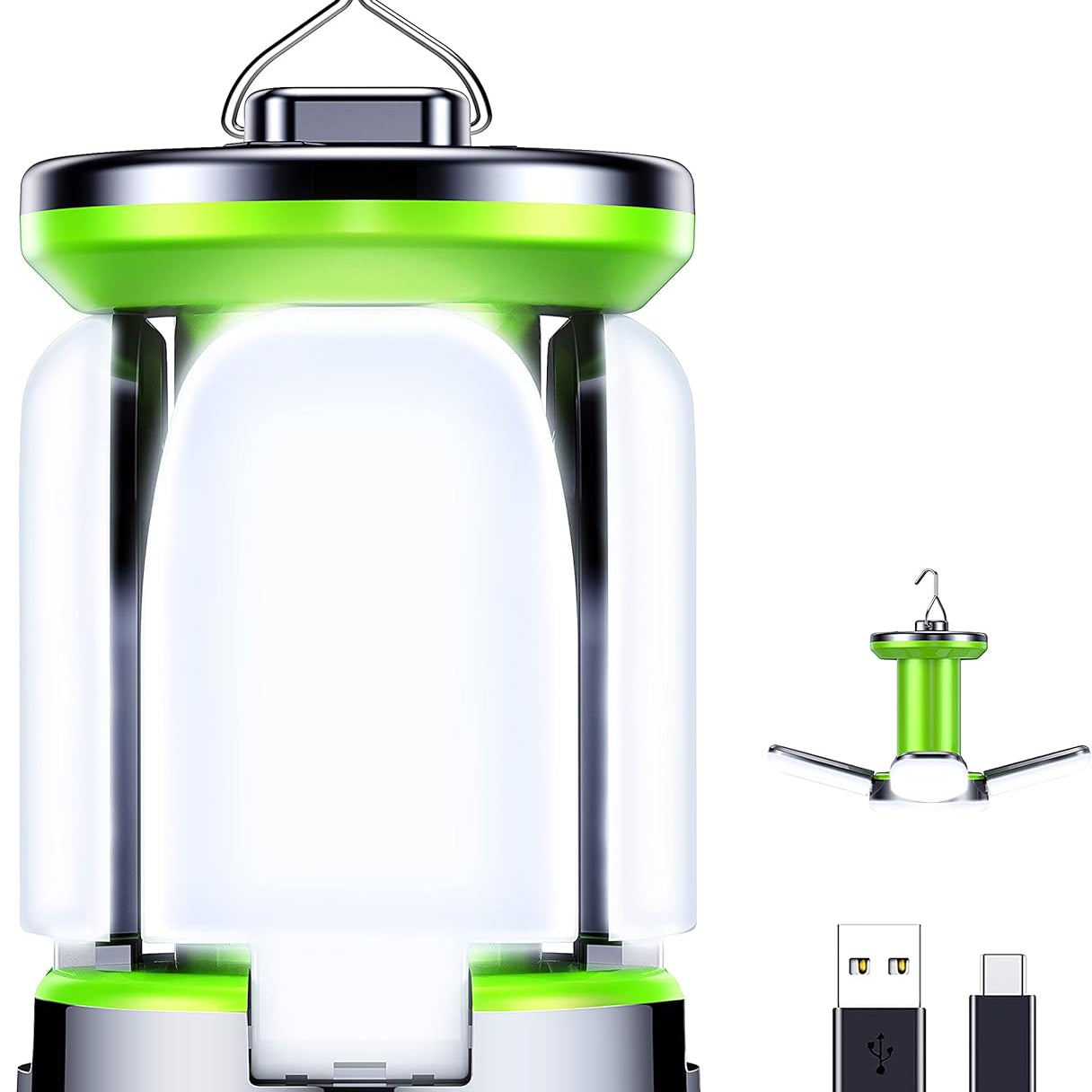 Portable lantern with USB cable and charging adapter on a white background