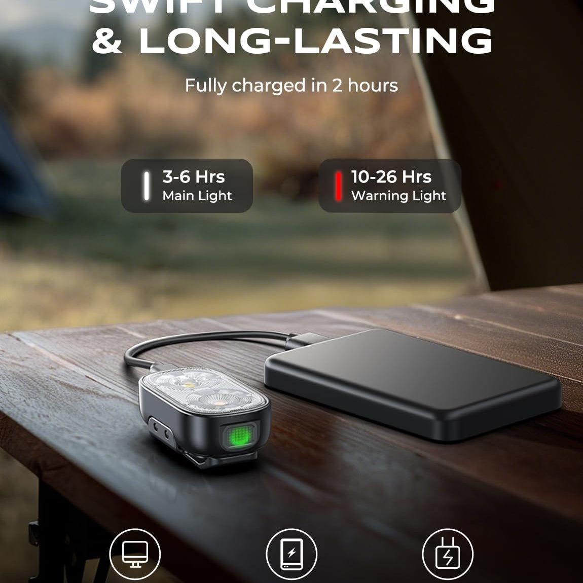 Portable light and power bank on a wooden surface with charging time information.