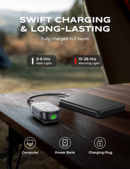 Portable light and power bank on a wooden surface with charging time information.