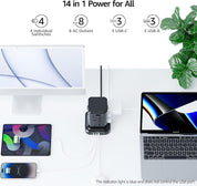 Power adapter with multiple ports connected to electronic devices on a white surface with a plant in the background.