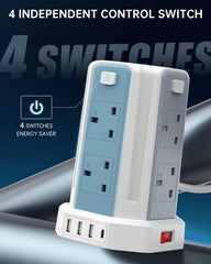 Power strip with four independent control switches on a blue gradient background