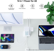 Power strip with multiple devices connected on a white surface with a plant in the background