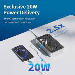 Power strip with multiple outlets and a smartphone charging cable, featuring text about 20W power delivery.