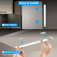 Product demonstration of a magnetic and adhesive strip for installation on metal surfaces.