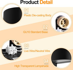 Product detail infographic with features of a light fixture including plastic die-casting body, GU10 standard base, live wire/neutral wire, and high transparent lampshade.