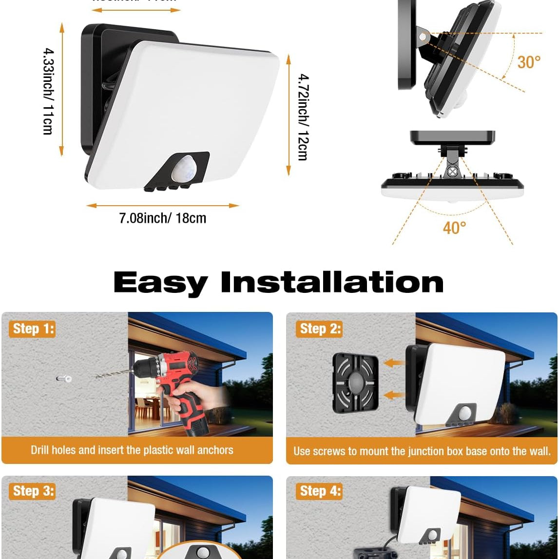 Product details and installation steps for a wall-mounted device with measurements and step-by-step guide.