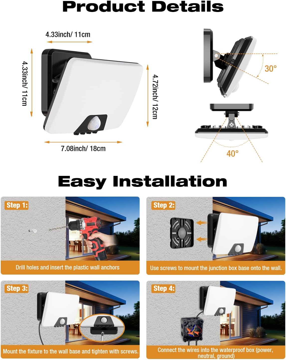 Product details and installation steps for a wall-mounted device with measurements and step-by-step guide.