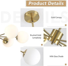Product details of a gold ceiling light fixture with gold canopy, lampbody, and milk glass shade.