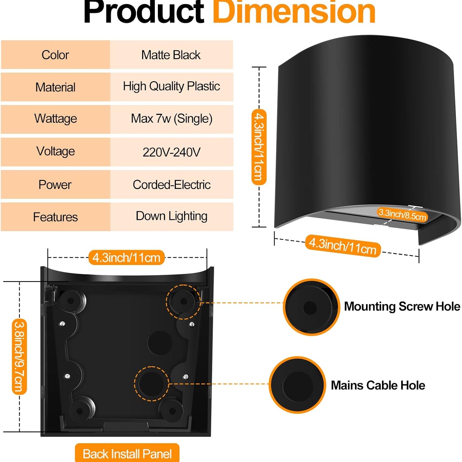Product dimensions and specifications of a black wall light fixture.