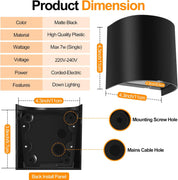 Product dimensions and specifications of a black wall light fixture.
