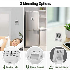 Product display with text '3 Mounting Options' and images of a refrigerator, wall-mounted device, and digital thermometer.