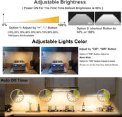 Product features including adjustable brightness, light color adjustment, and auto-off timer on a kitchen background.