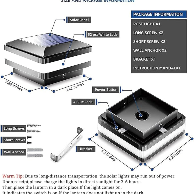 Product introduction with solar panel light and packaging details on a white background