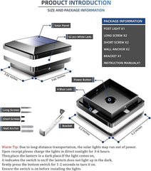 Product introduction with solar panel light and packaging details on a white background