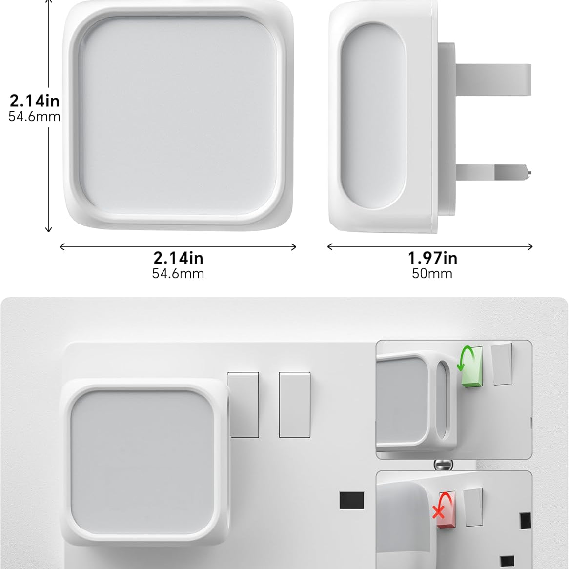 Product size measurement chart with dimensions of a plug and socket, showing not blocking other outlets.