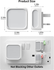Product size measurement chart with dimensions of a plug and socket, showing not blocking other outlets.