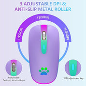 Purple computer mouse with DPI adjustment and anti-slip metal roller features on a light purple background.