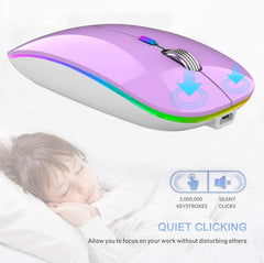 Purple computer mouse with RGB lighting on a white background, featuring text about its features.