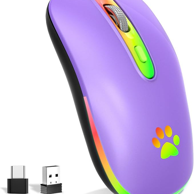 Purple computer mouse with rainbow accents and USB receiver on a white background
