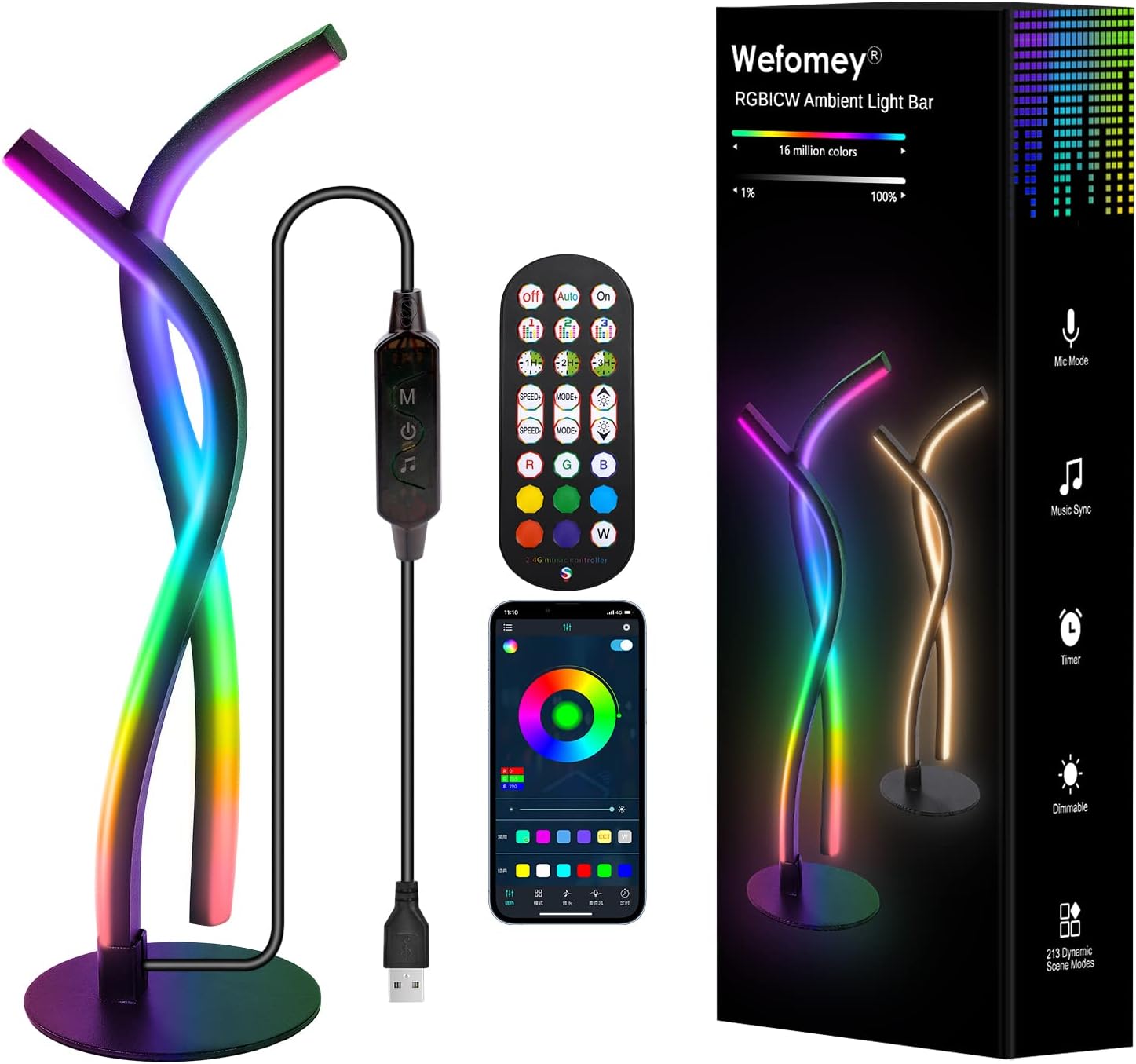 RGBICW Ambient Light Bar with remote control, smartphone app, and packaging.
